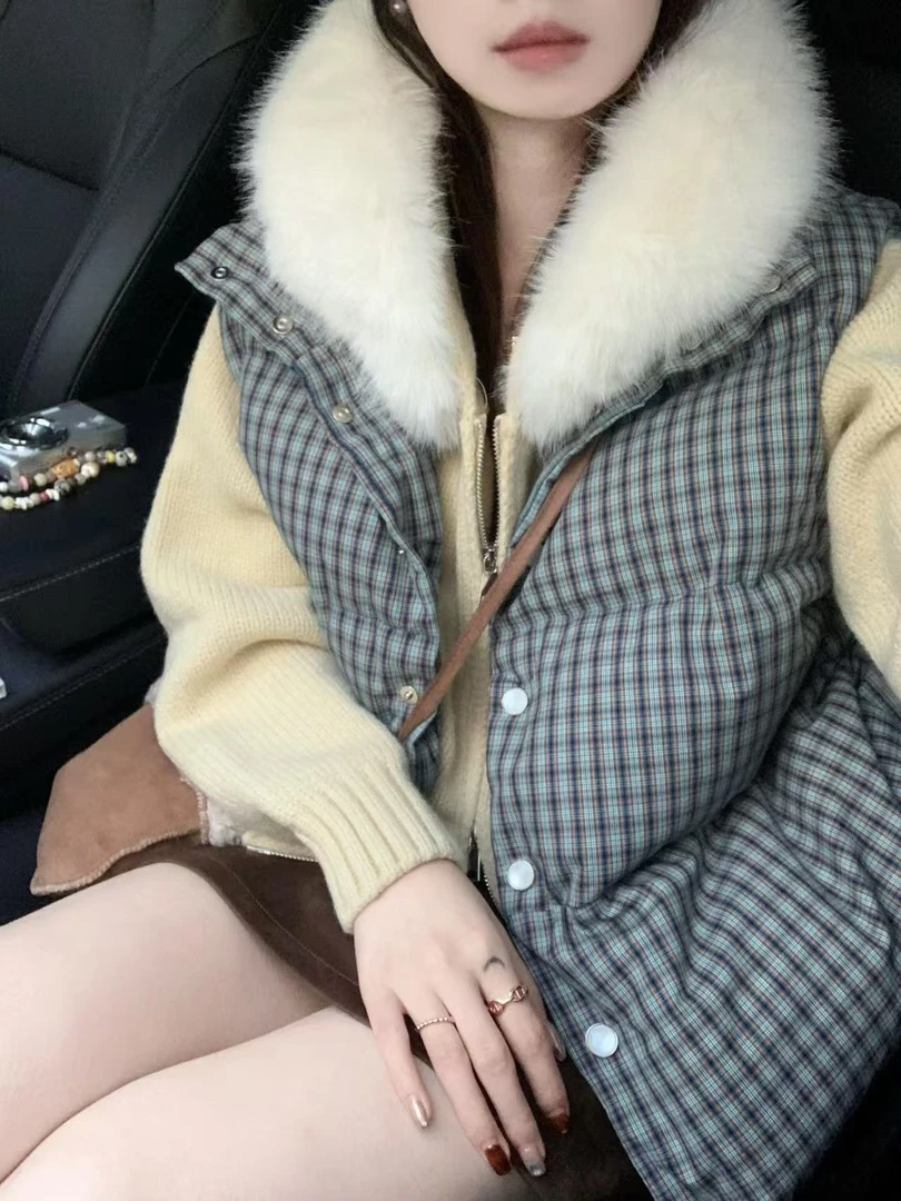 韩系慵懒风甜美针织毛衣女2025冬季新款上衣格子马甲半裙三件套