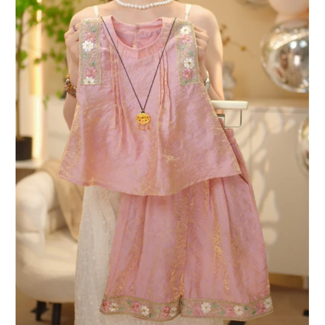 2025女童夏季新款百搭时尚洋气古风国风仙气提花刺绣无袖国风套装