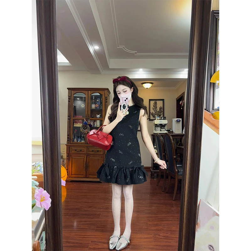 法式气质夏季休闲百搭时尚小众设计感花边无袖连衣裙蝴蝶结短裙女