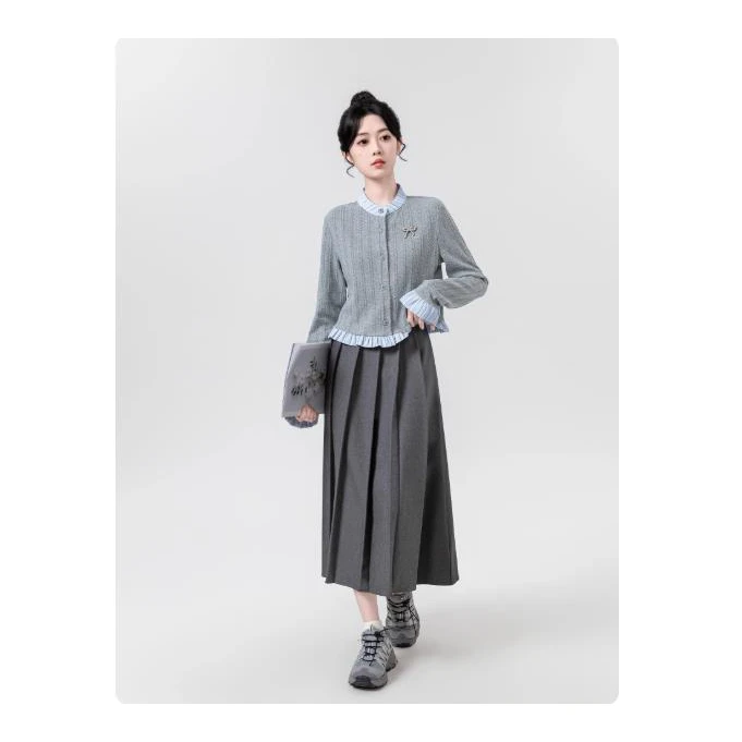 灰色假两件针织开衫女春秋2025新款设计感拼接小个子荷叶边短上衣