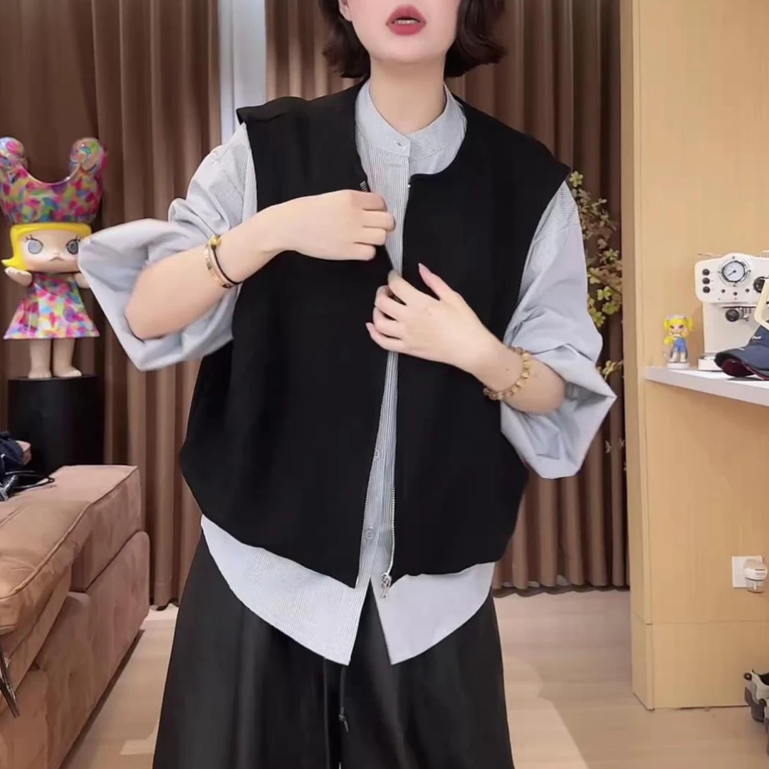 时尚百搭休闲长袖衬衫女2025秋季新款假两件拼接叠穿无袖马甲上衣