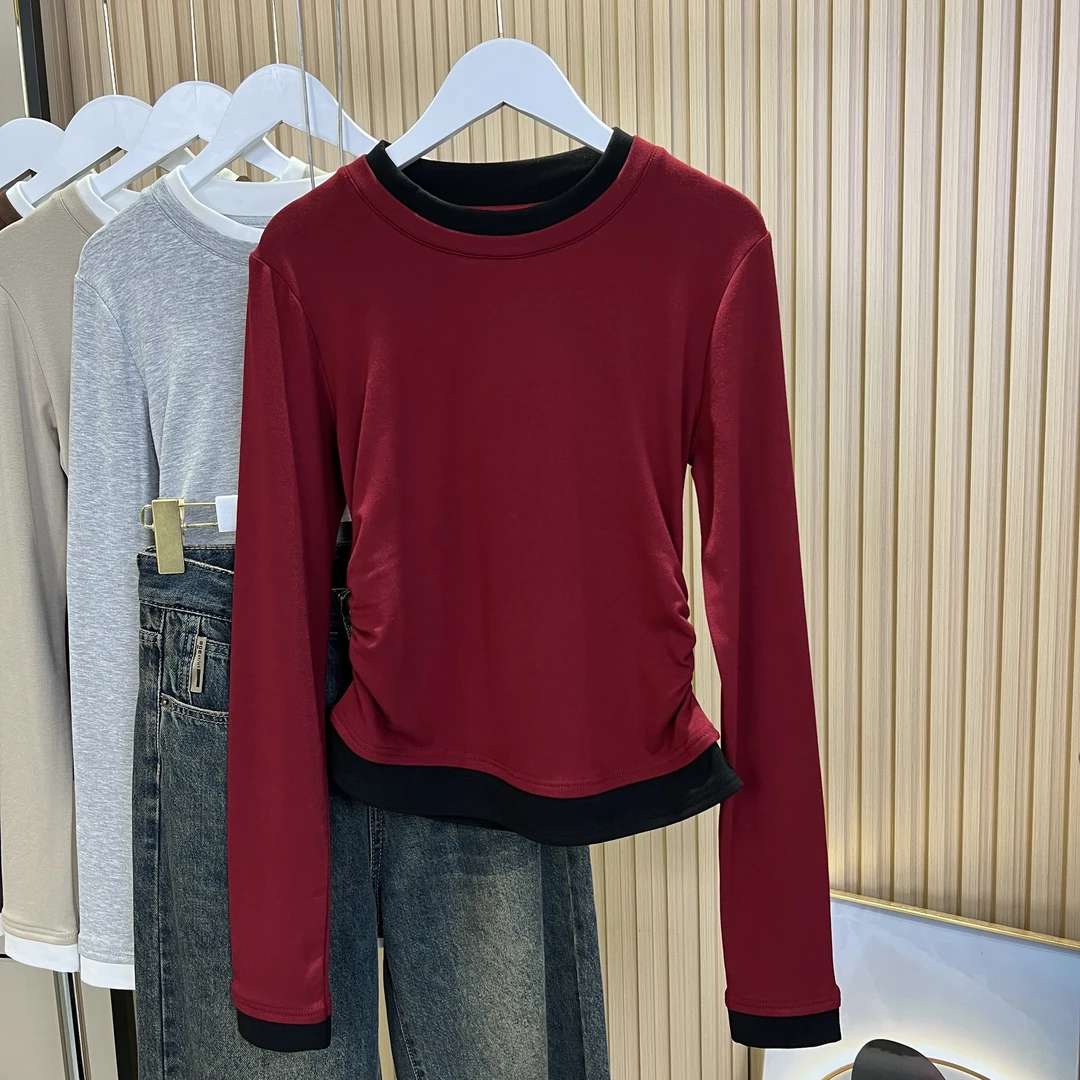 秋季新款别致假两件圆领修身显瘦不规则短款T恤百搭打底衫百搭