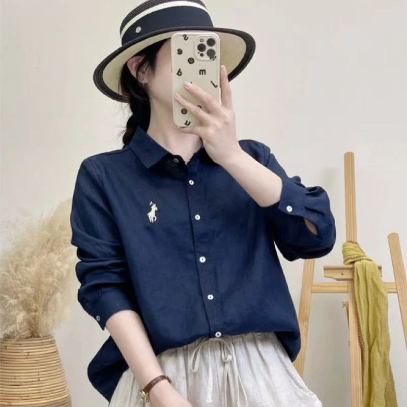 【100亚麻】夏季显瘦女士刺绣衬衫休闲长袖衬衣气质休闲百搭-25256