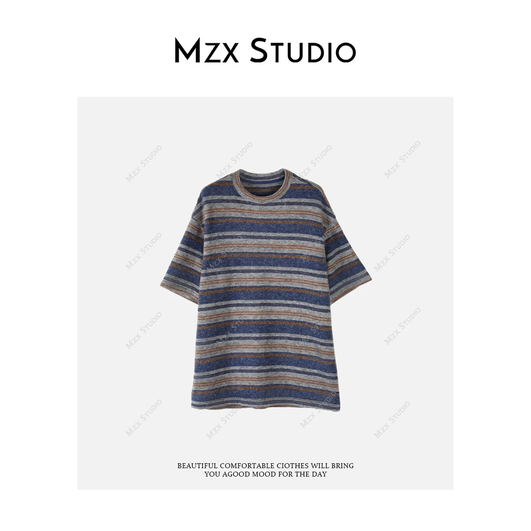 MZX 日系复古撞色条纹双面绒感短袖T恤上衣SY11799-Z