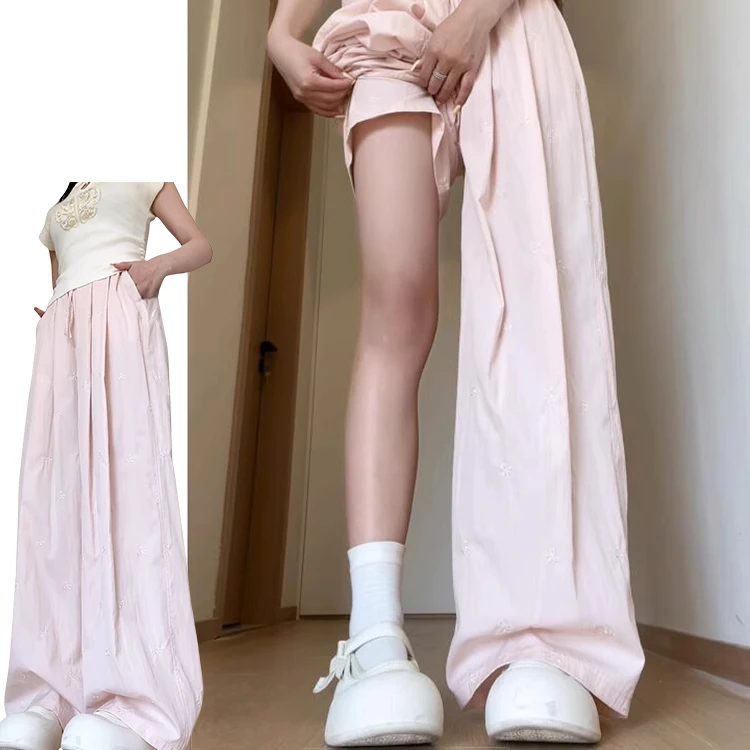韩系时尚仙女风蝴蝶结休闲裤女夏季2025新款宽松显瘦刺绣山本裤子