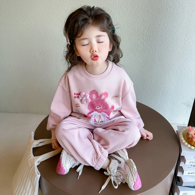 女童春秋套装2025新款洋气儿童卡通套头卫衣卫裤女宝宝休闲两件套