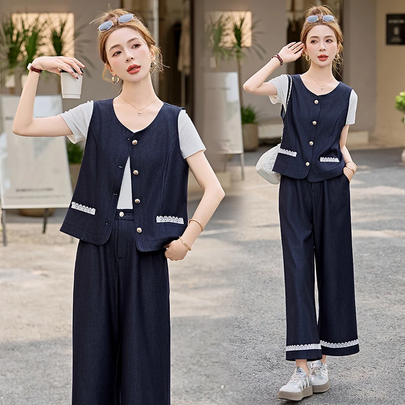 高级感牛仔马甲套装女2025夏季新款气质减龄蕾丝拼接阔腿裤两件套