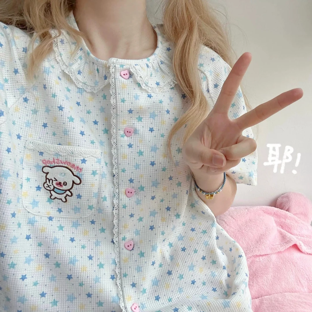 睡衣女夏季新款卡通可爱风花边刺绣小狗圆领可外穿短袖家居服套装