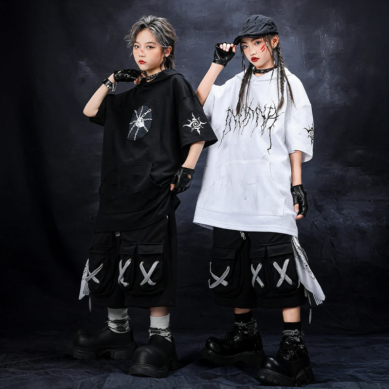 嘻哈童装潮牌街舞儿童潮服锁链裂纹男童黑白套装hiphop女童演出服