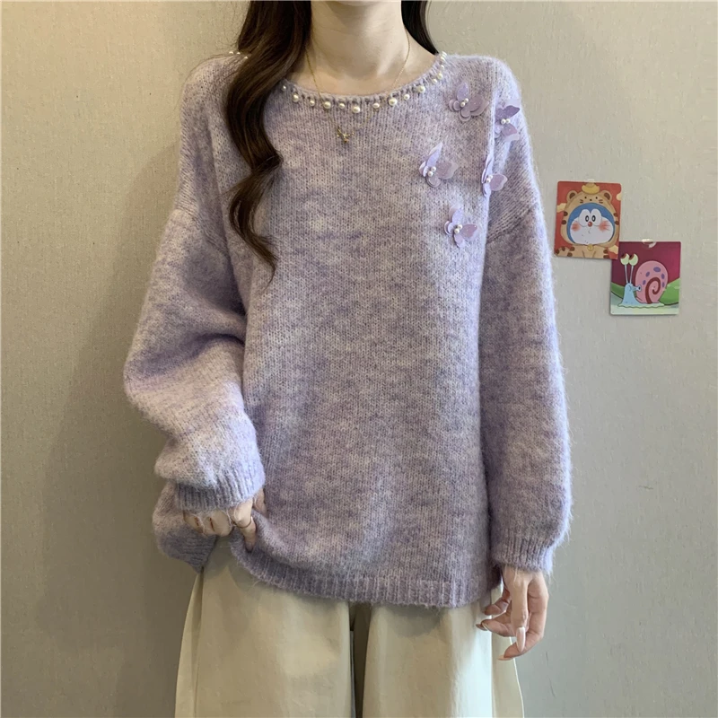 高级感重工钉珠针织衫毛衣秋冬新款大码女装设计感立体蝴蝶结上衣