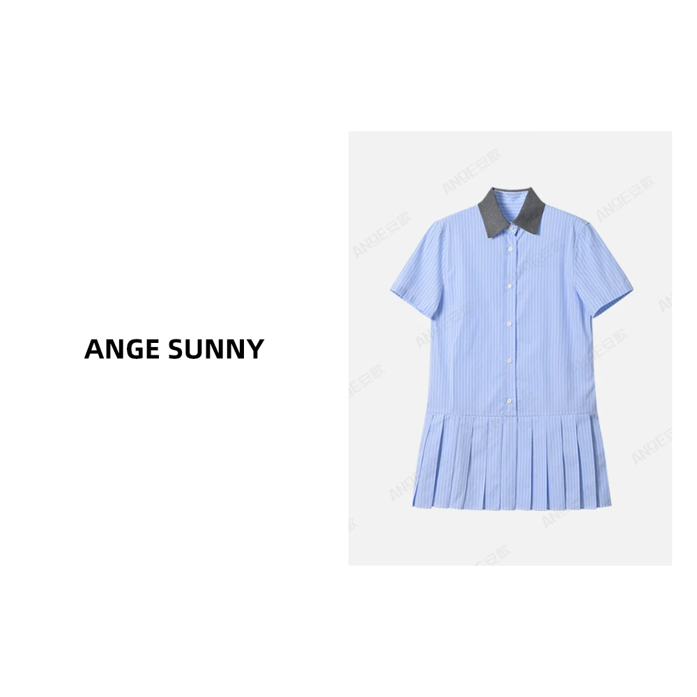 ANGE SUNNY【条纹百褶连衣裙】时尚新款 撞色领衬衫短袖连衣裙