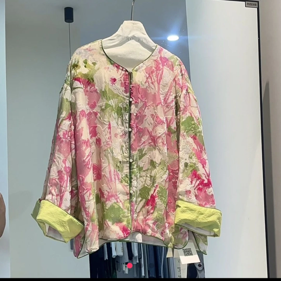 2025新款新中式国风拼色花朵印花高级感短款衬衫轻奢气质上衣