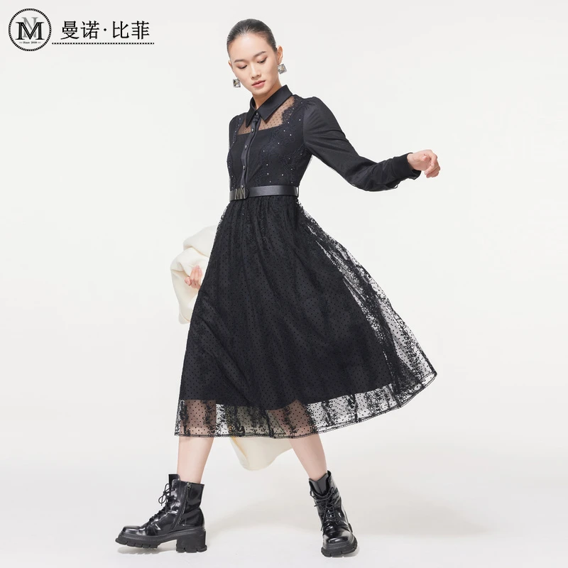 【高高甄选】法式网纱拼接连衣裙MEEL143025