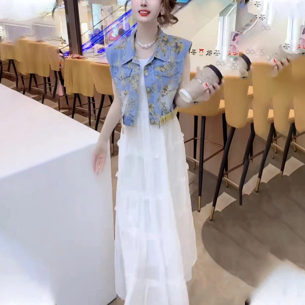 时尚套装拼接田园风百搭套装显瘦气质牛仔网红洋气夏季