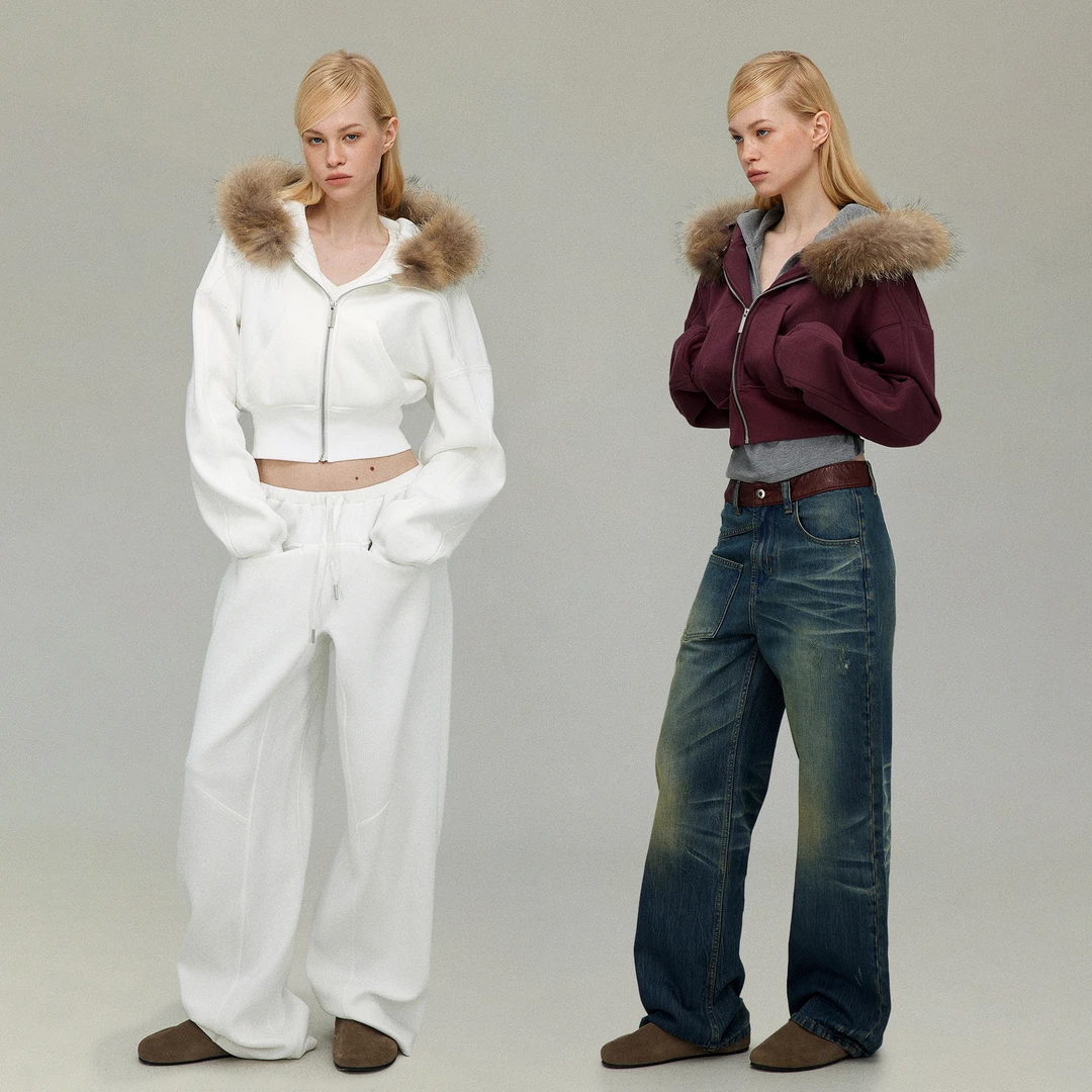 PRRP短款可拆卸真毛领连帽廓形加绒卫衣外套