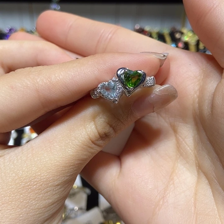 海蓝宝石戒圈银S925镶嵌透辉石 多宝戒指