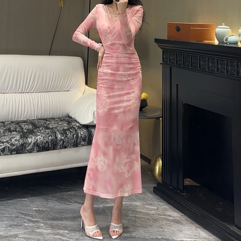 气质女人味轻奢V领长袖晨曦微露显瘦包身修身时尚百搭鱼尾连衣裙