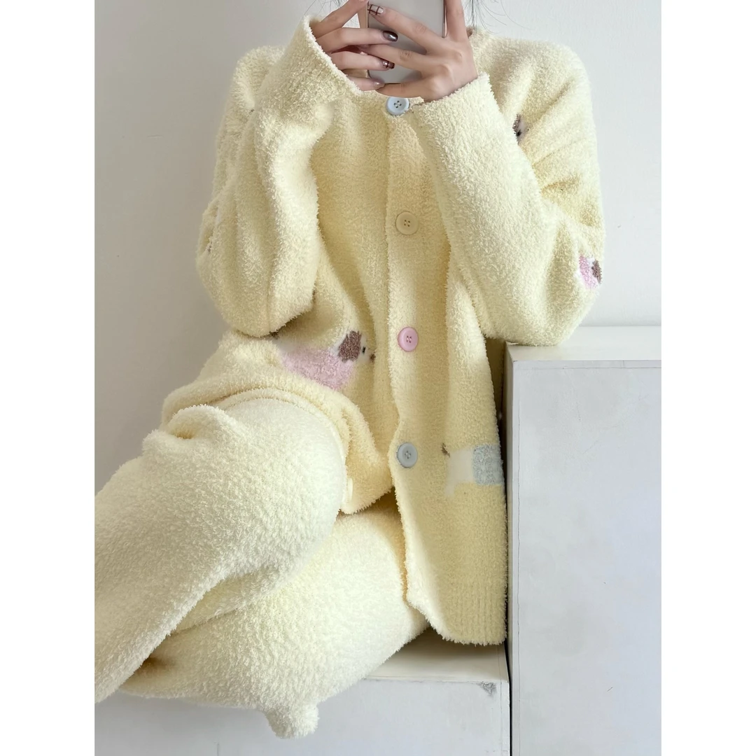 甜美卡通腊肠小狗半边绒睡衣女秋冬新款保暖加厚可外穿家居服套装