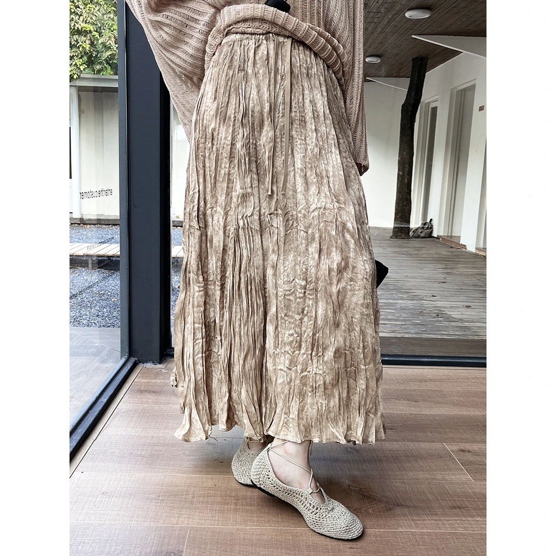 早秋上新侘寂风晕染压褶A字抽绳半身裙