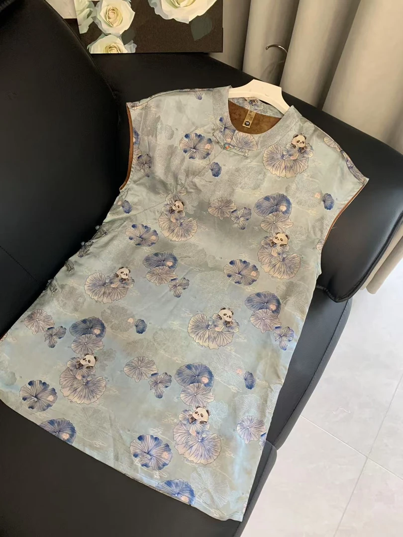 九月  荷花蓝熊猫-奥黛   新款气质提花人丝香云纱国风连衣裙复古