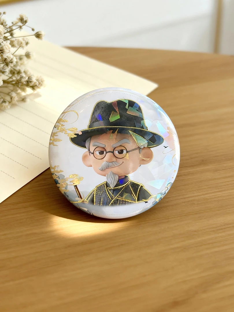 萌系老年形象镭射吧唧 闪粉反光精致收藏徽章质感细腻不褪色