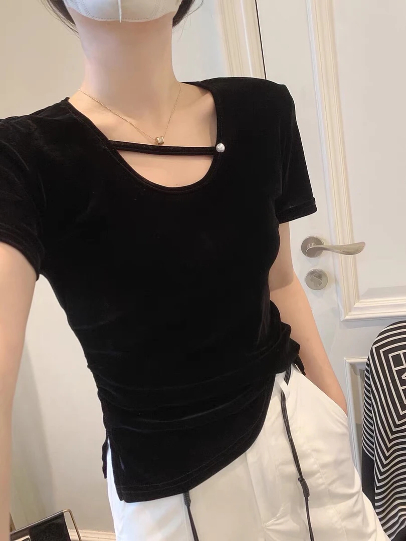 丝绒短袖女t恤2025新款夏季女装韩版短款高级感镂空小心机上衣女