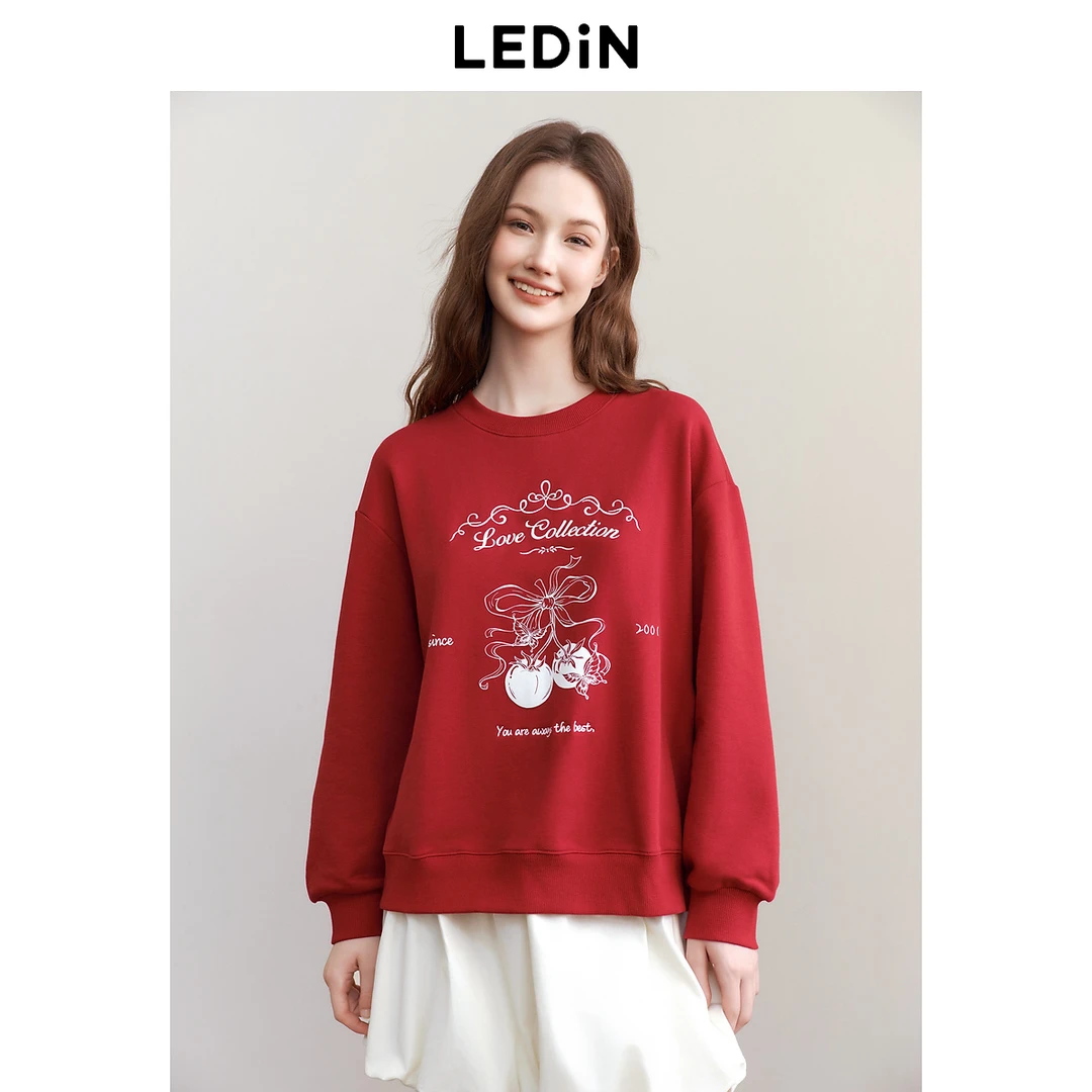 乐町新年红色圆领卫衣25年春季新款宽松卫衣卡通字母印花休闲上衣