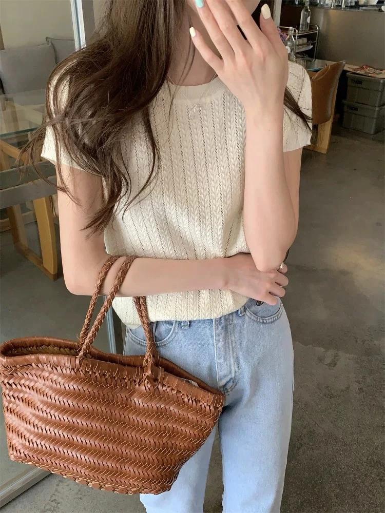 100%莱赛尔女士夏季镂空麻花透气舒适百搭纯色针织衫