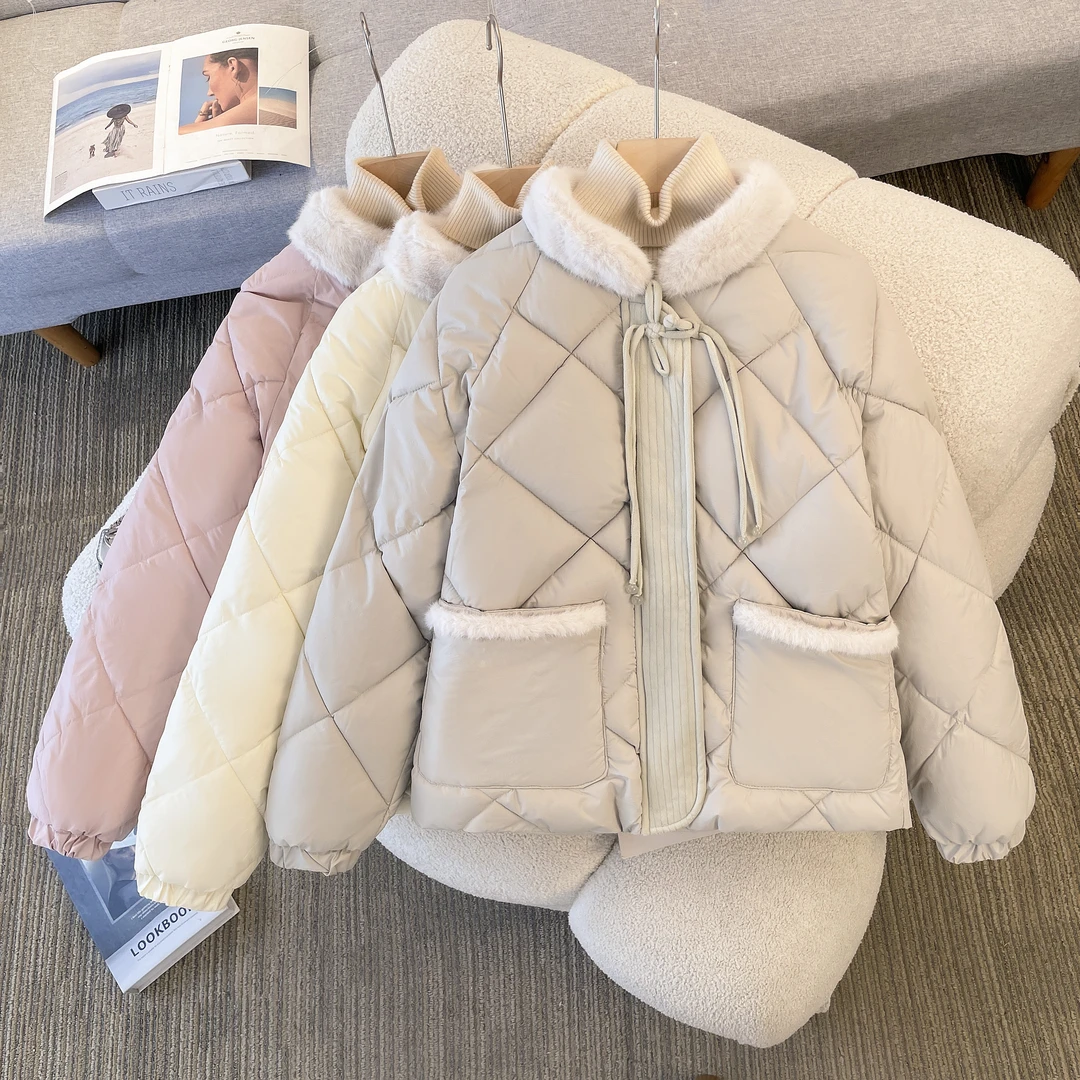 羽绒棉服女2025年新款冬季新中式毛领拼接棉袄短外套皮毛一体皮草