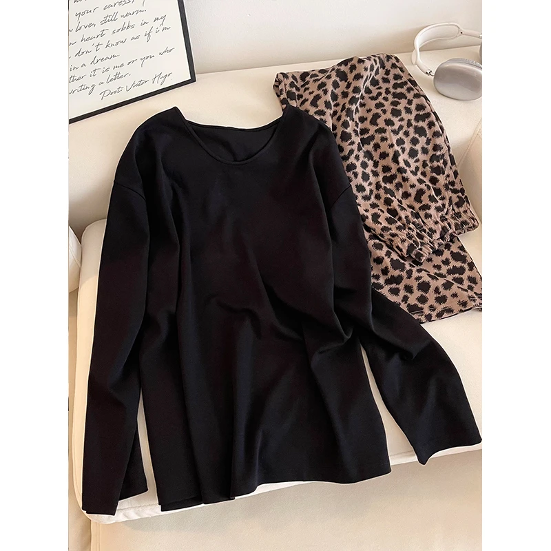 圆领套头复古睡衣女春秋季柔软长袖长裤大码松弛感琥珀豹纹两件套