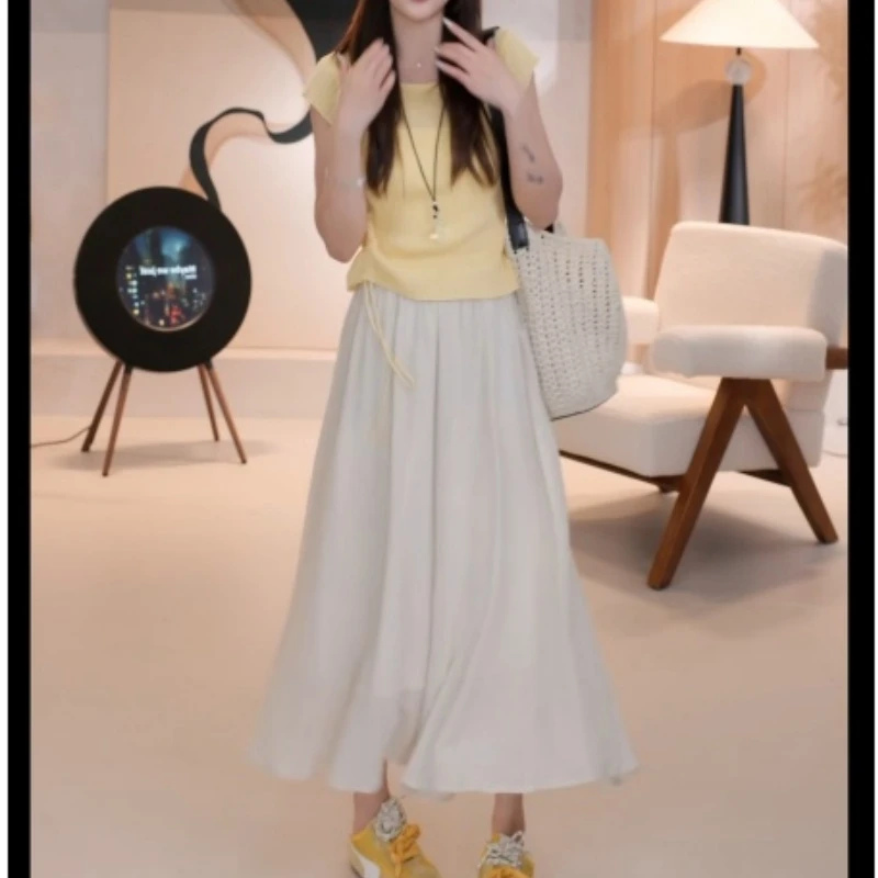 简约短袖坑条抽绳针织衫上衣+松紧腰阔腿裤裙休闲裤LK2502757