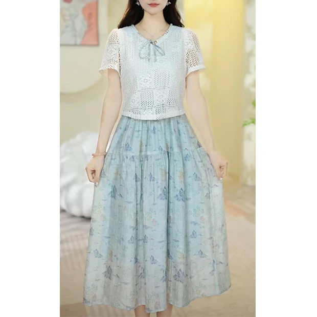 L5391短袖裙子时尚连衣裙气质长裙腰夏季优雅中长裙显瘦法式收腰