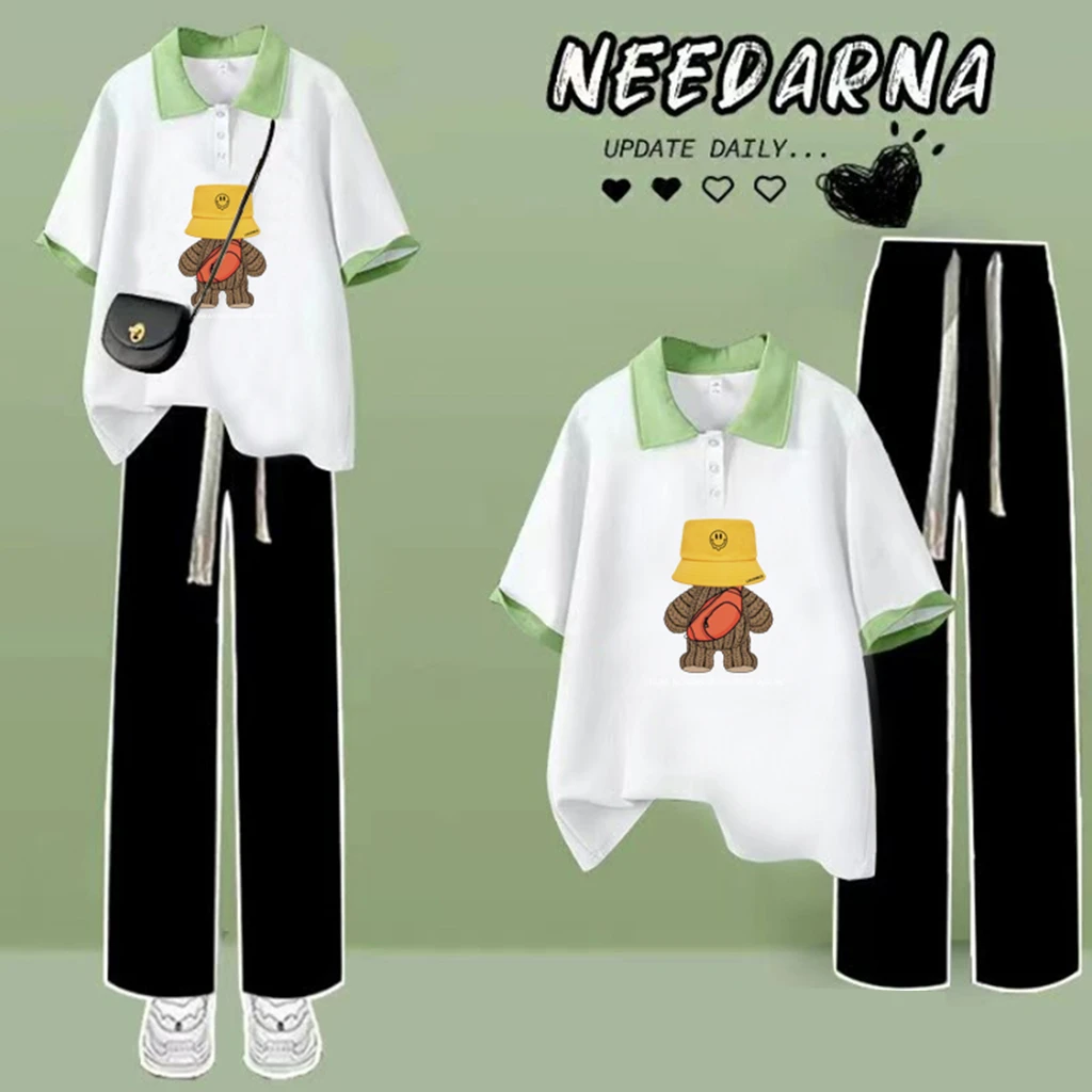 女大童t恤夏装运动套装新款少女短袖T恤韩版时尚印花阔腿两件套