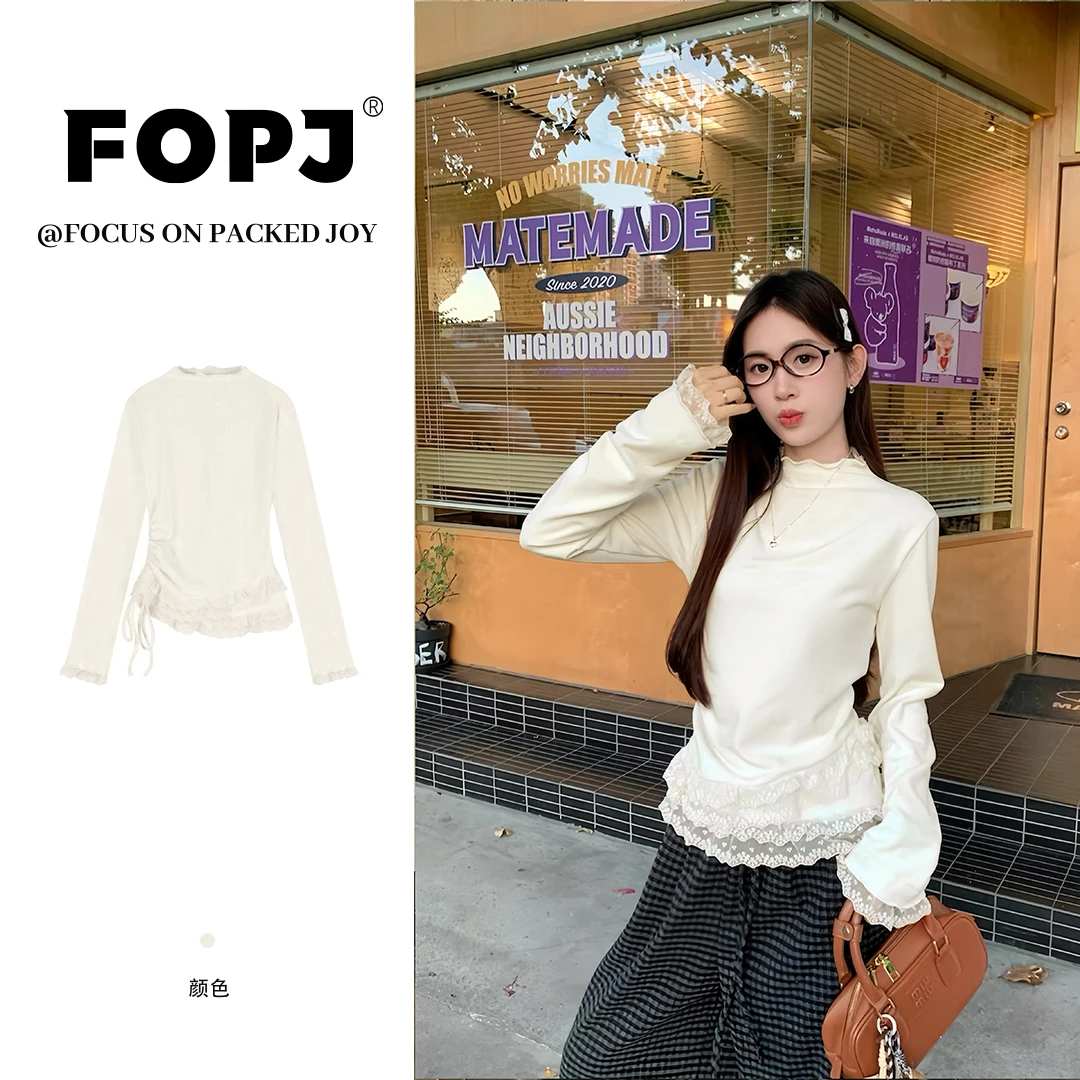 FOPJ网红款蕾丝花边长袖内搭女春秋时尚小众设计感修身显瘦打底衫