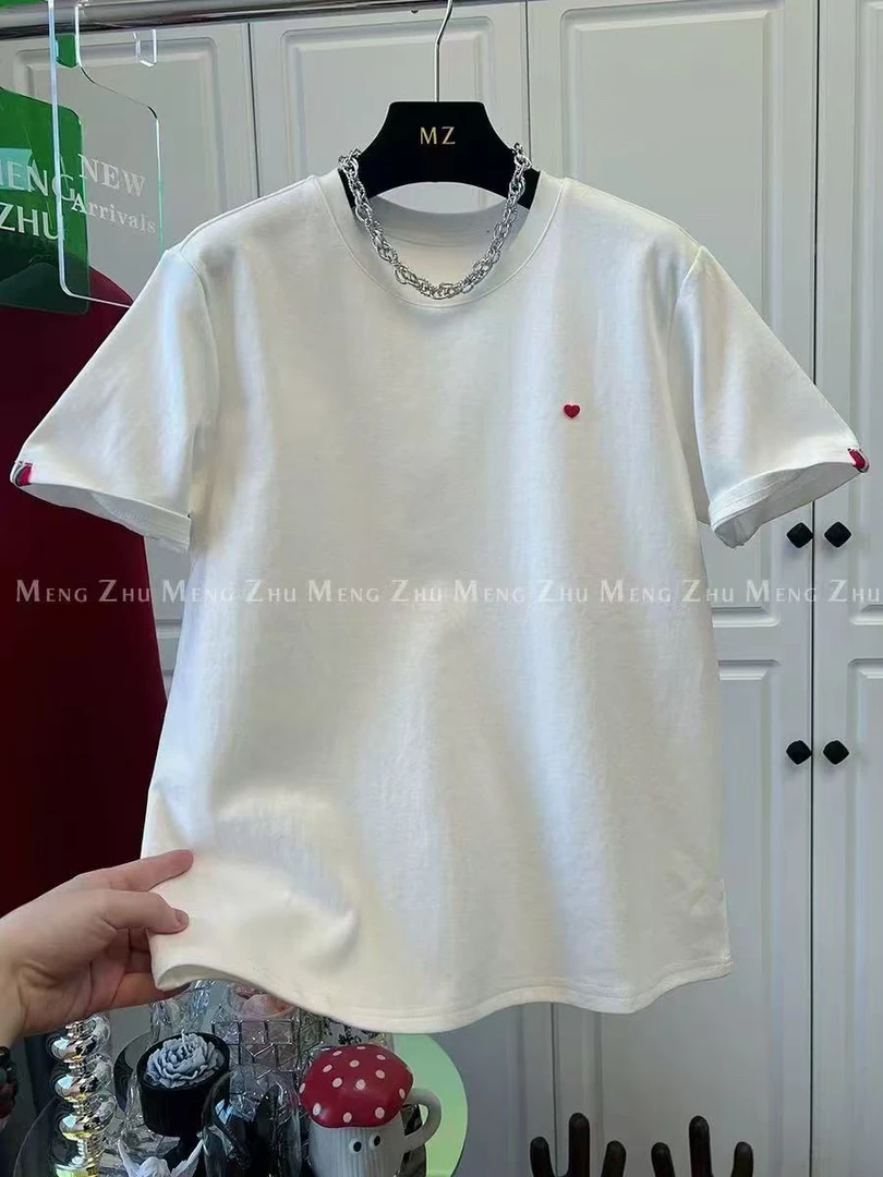 【肉总】春款简约小小爱心袖子拼色短袖上衣