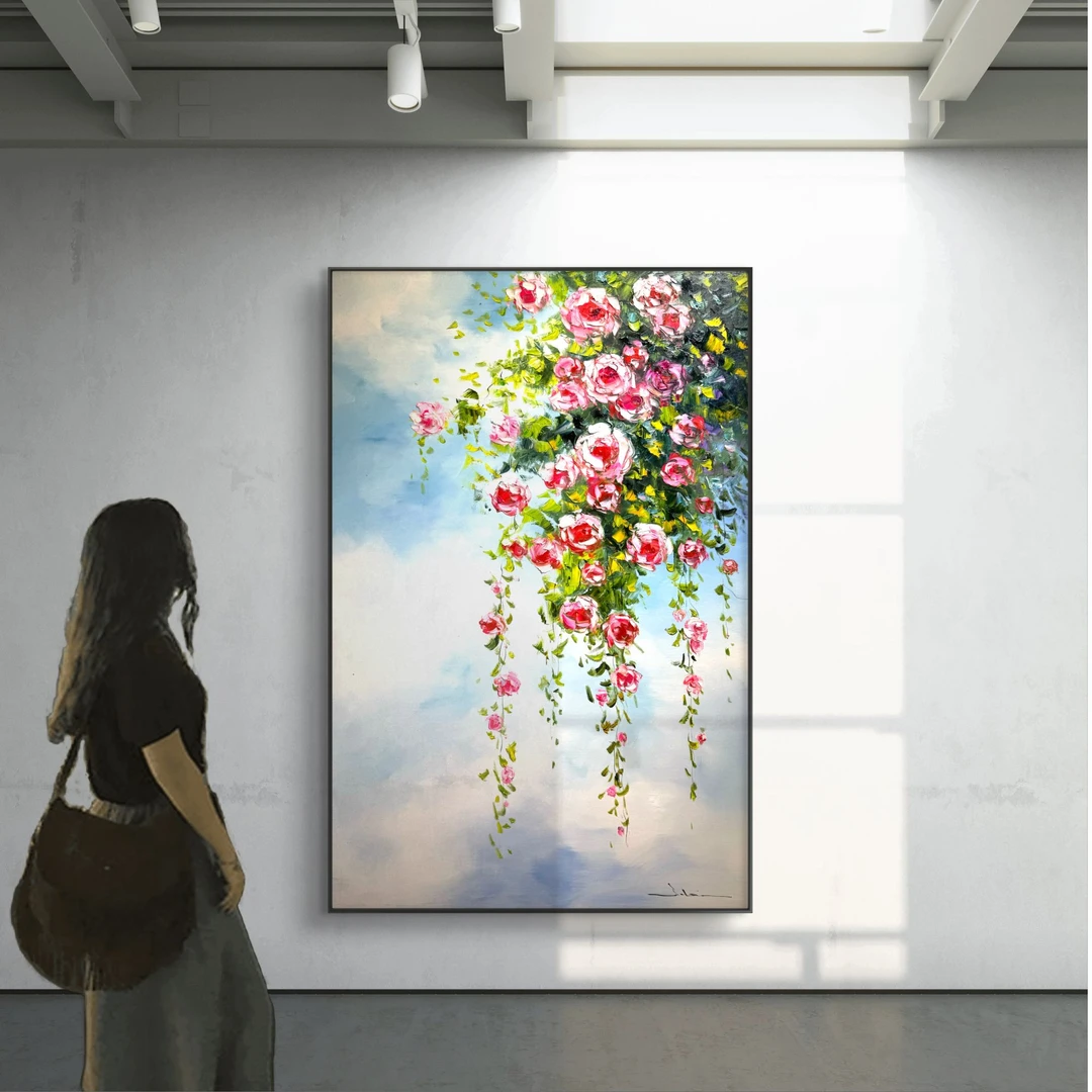 【晴天玫瑰】原创油画纯手绘蔷薇花竖版油画布挂画适合客厅玄关装饰