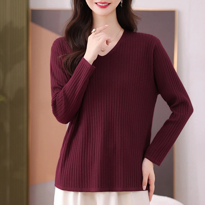 秋季新款宽松大码针织衫长袖百搭短款V领纯色竖坑条套头大码女装