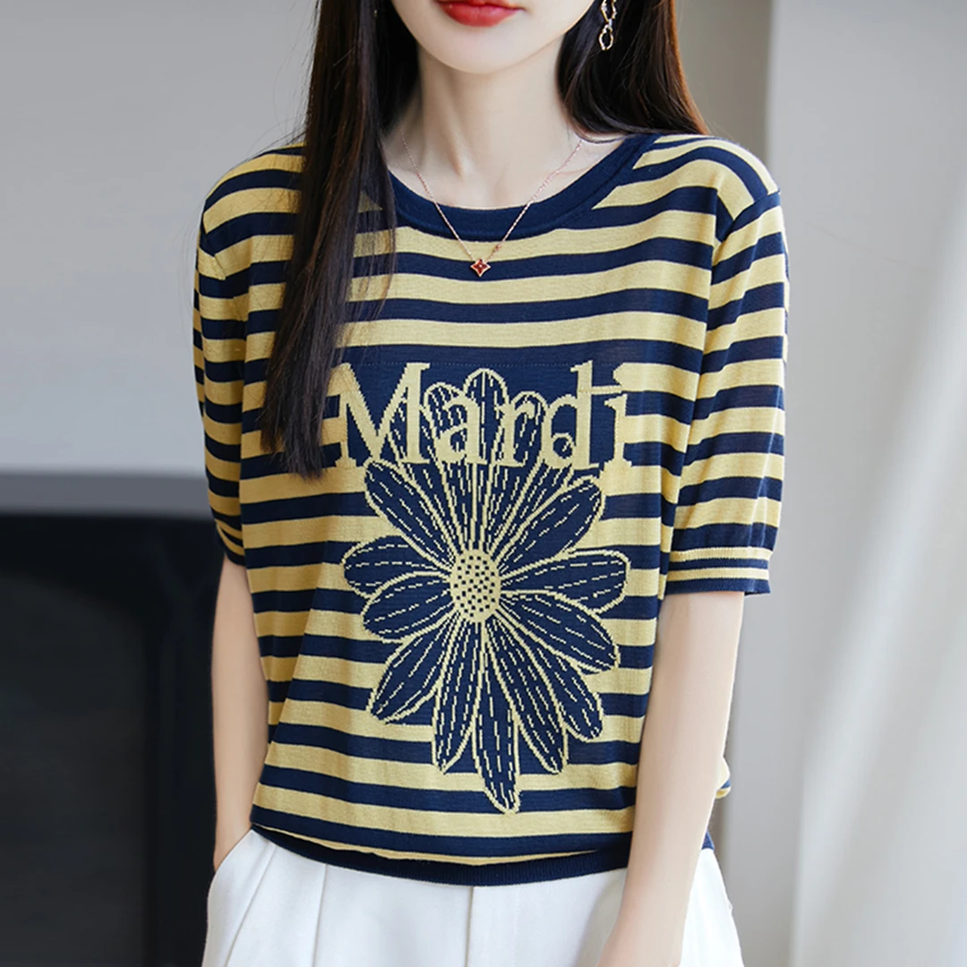 胖mm夏装大码冰丝针织衫女士短t恤2025新款遮肚子巨显瘦条纹上衣