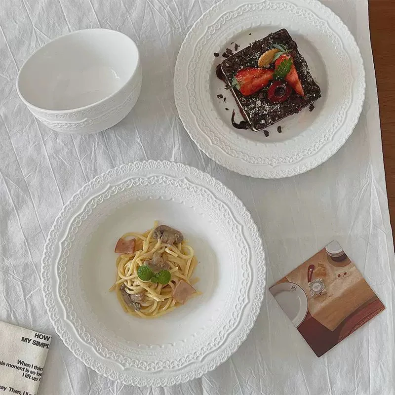 ins法式蕾丝边浮雕陶瓷西餐盘意面盘子纯色圆形蛋糕盘点心盘