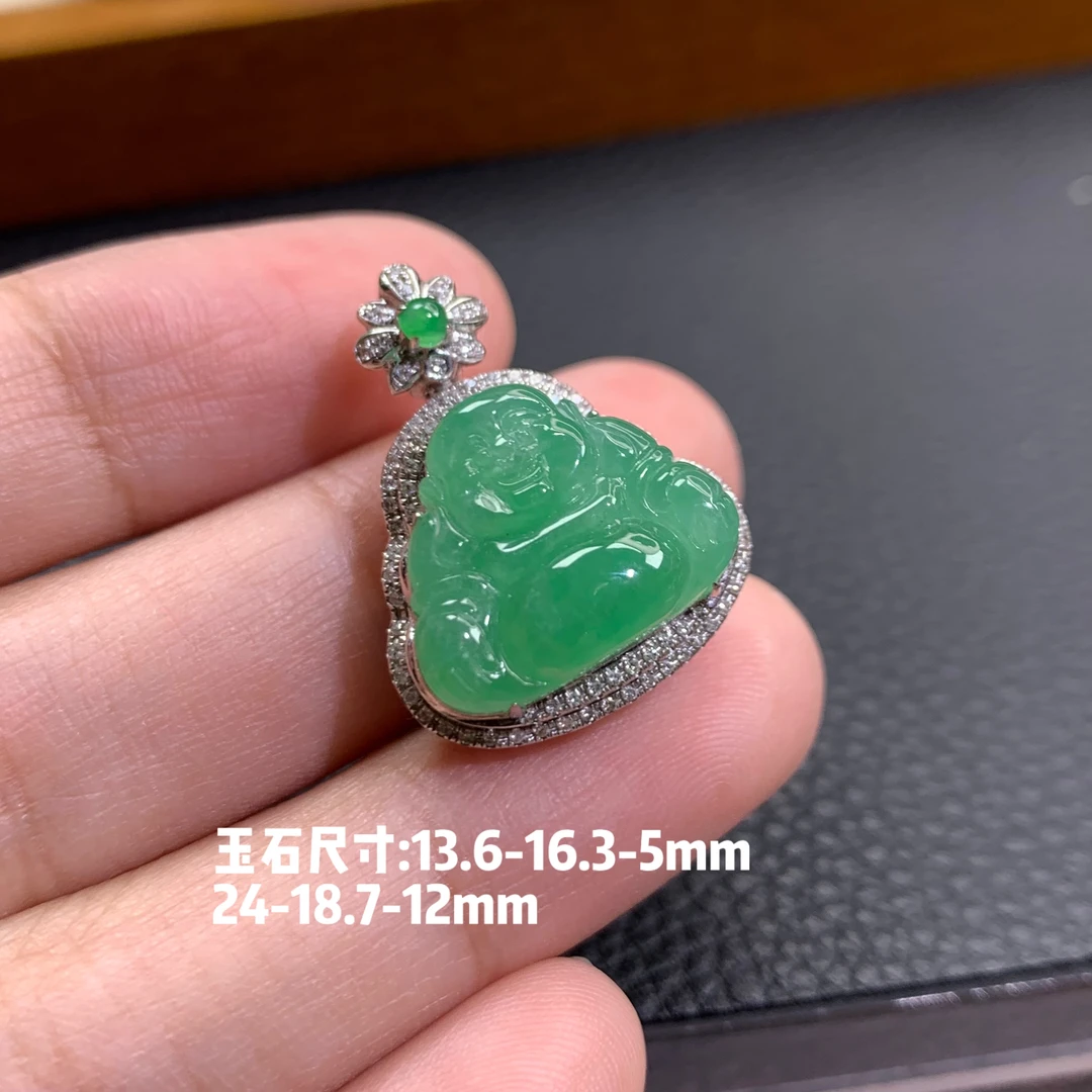 仙子翡翠18k金镶嵌冰种甜绿佛公吊坠缅甸翡翠A货弥勒佛玉石饰品
