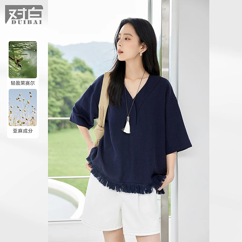 对白莱赛尔亚麻度假风V领流苏小衫女2025夏新款气质独特宽松衬衫