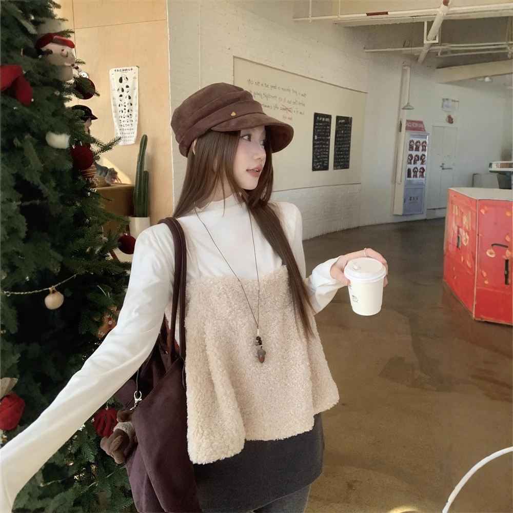 实拍加厚毛毛吊带叠穿高领内搭打底衫两件套