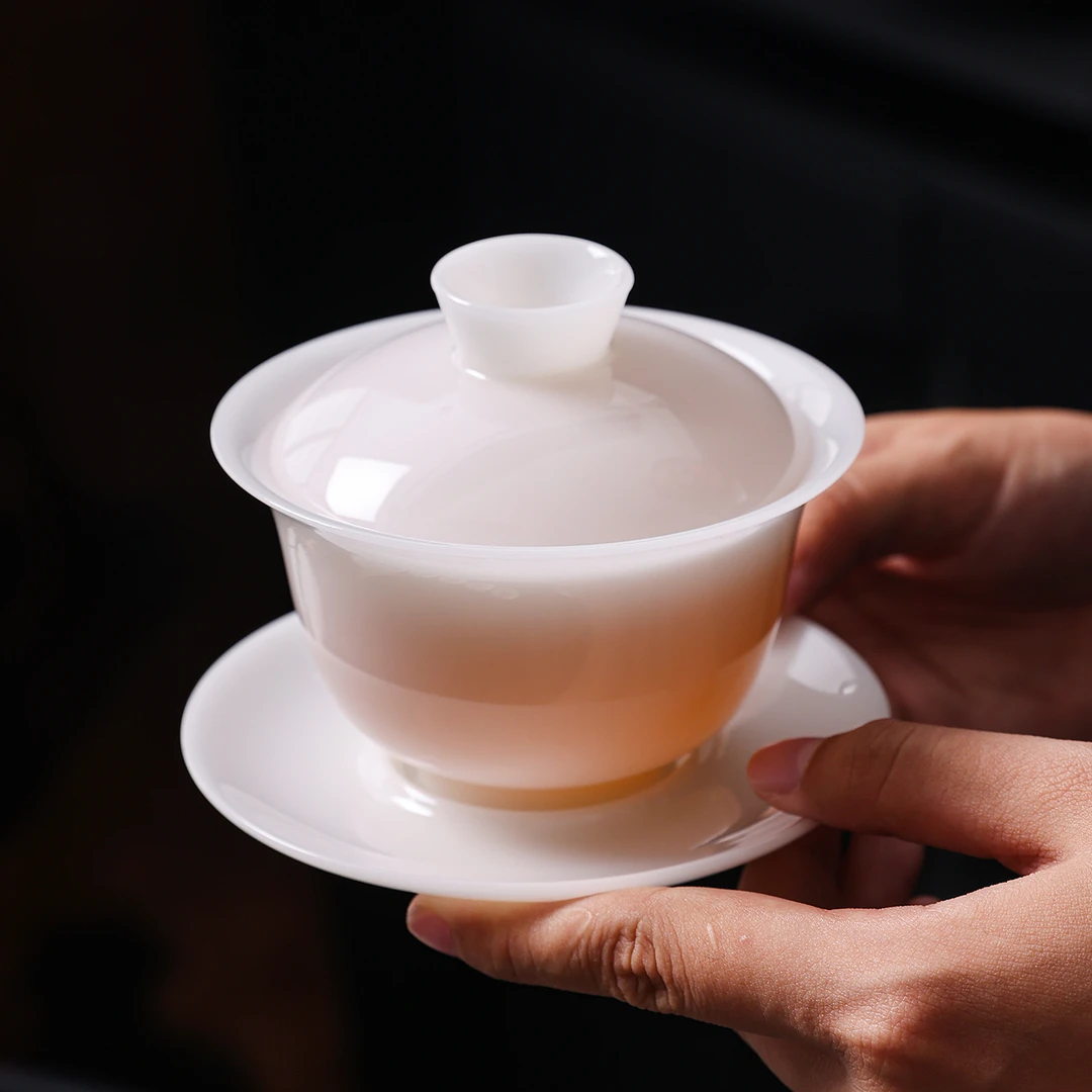 德化冰晶璞玉白瓷盖碗三才泡茶器家用简约高宜皮手工枢府釉盖碗