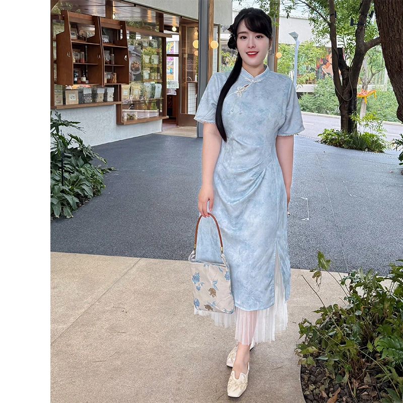 51537新中式年轻款日常可穿素雅改良夏季新款前开叉气质大码旗袍