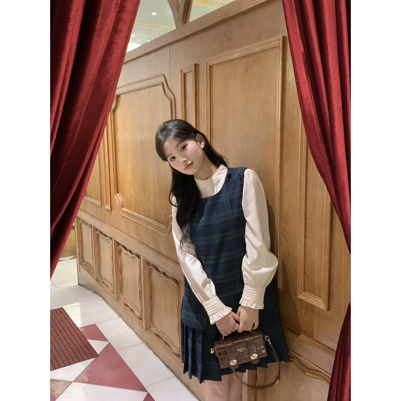 瞌睡兔清仓【韩系学姐】小个子复古法式格子裙a字裙新中式女装