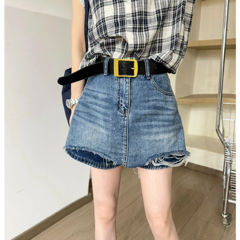 美式复古破洞毛边牛仔短裤女2025夏季新款高腰显瘦直筒阔腿裤裙子