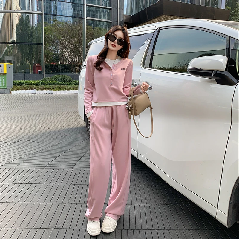 休闲运动服套装女士2025秋季洋气减龄假两件长袖卫衣阔腿裤两件套