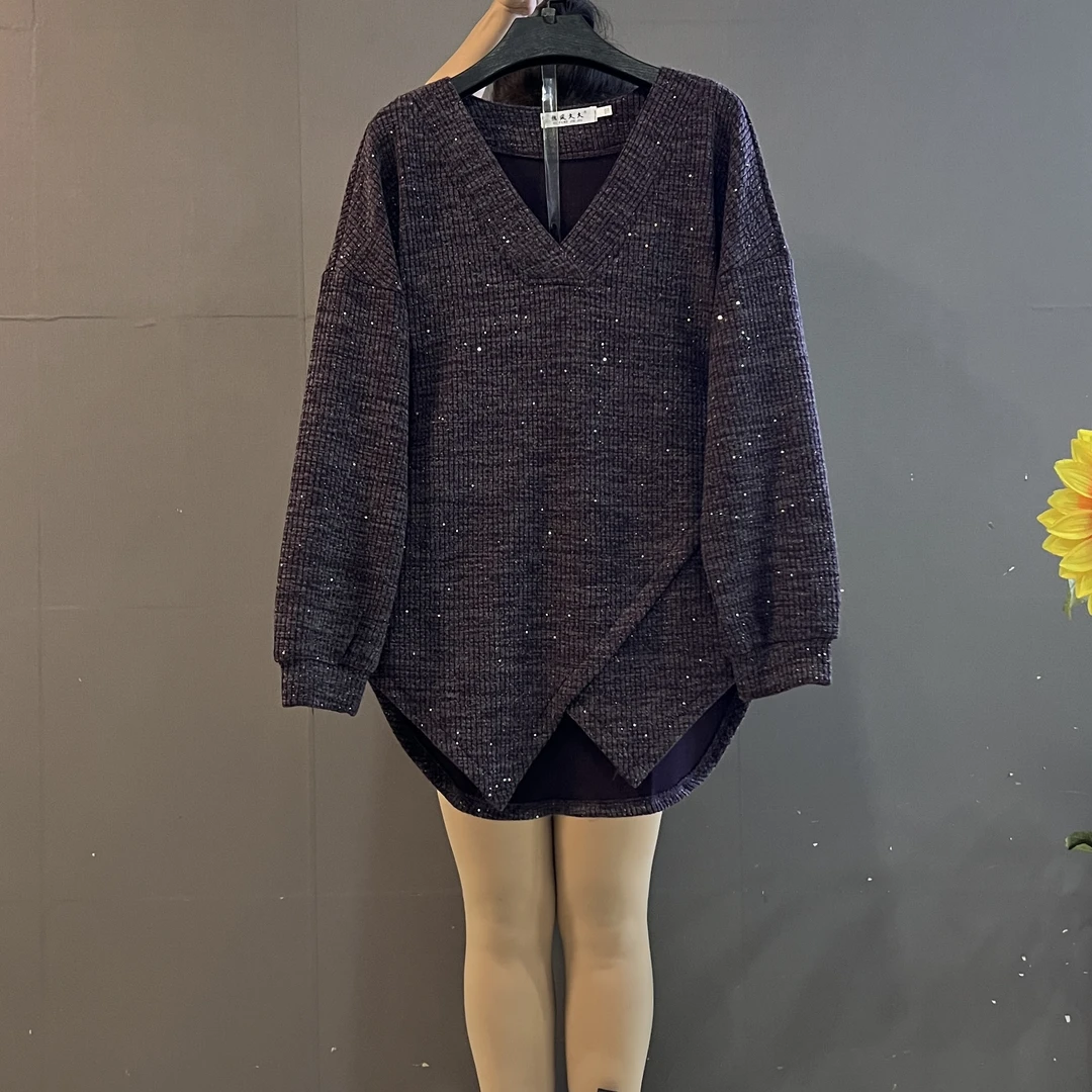 新款时尚宽松气质V领遮肚xiansq不规则满天星洋气大衫