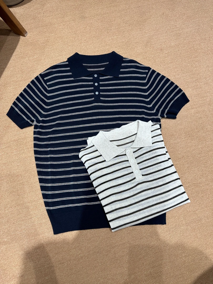 DW 2025新款夏季美式宽松简约条纹短袖T恤男士针织POLO