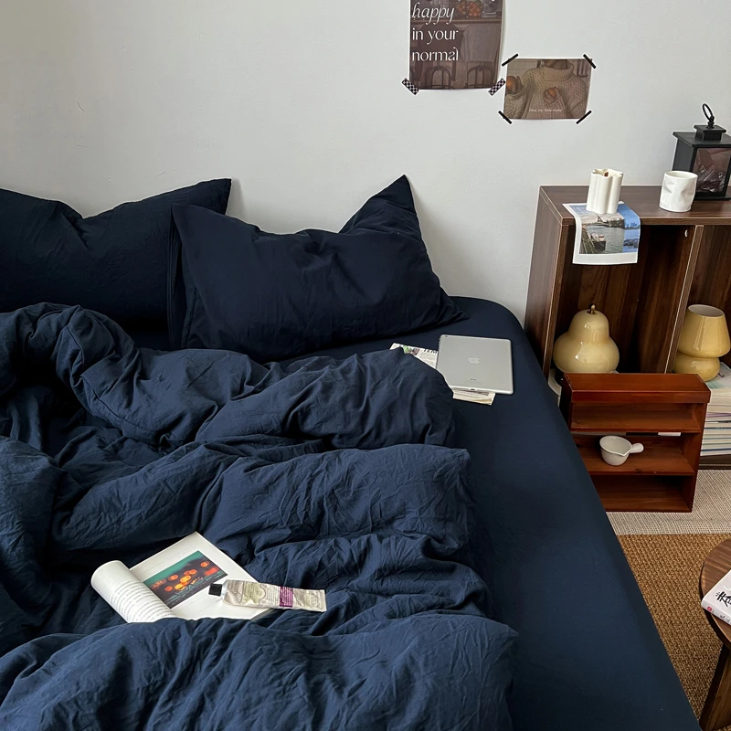 高级肌理感丨简约复古侘寂风四件套床单被套蓝色男生宿舍三件套家